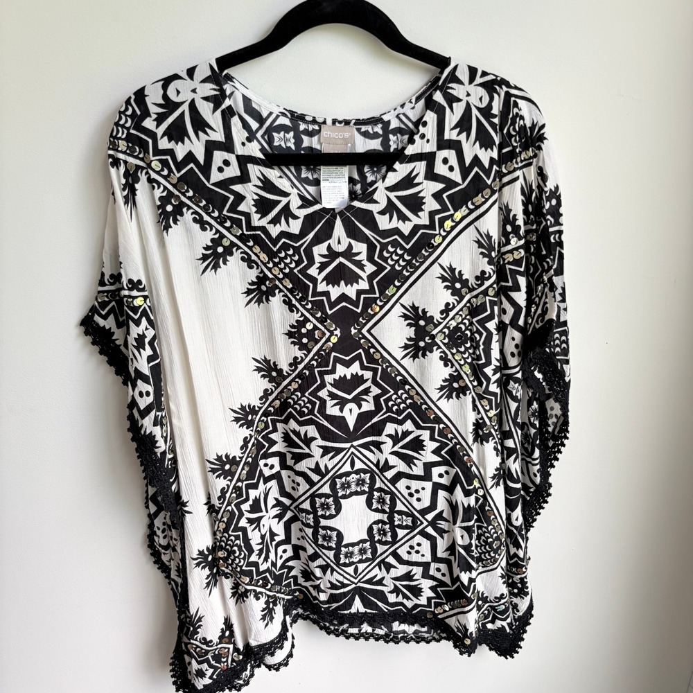 Chico's Printed Lace Poncho S/M Boho Black White Sequin Geometric Top NEW